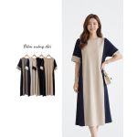 Đầm Suông Dài Form Rộng Phối Màu Tối Giản Nhật Bản ARI.TO.ZOU Che Khuyết Điểm Mặc Mát