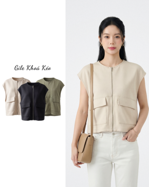 Áo Gile Nữ Khóa Kéo Dáng Suông Túi Hộp Thanh Lịch Free Size ARI.TO.ZOU