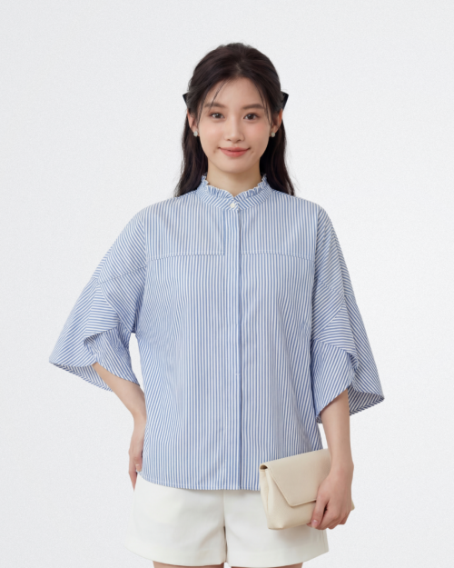 Áo Sơ Mi Nữ Kẻ Cổ Bèo Tay Loe Thanh Lịch Phong Cách Hàn / Nhật Free Size ARI.TO.ZOU