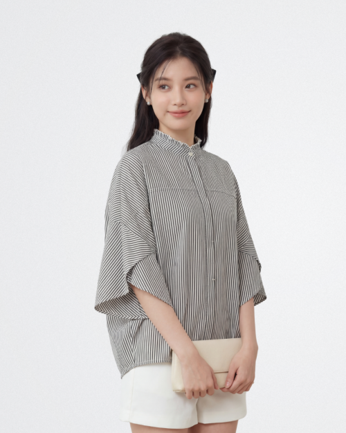 Áo Sơ Mi Nữ Kẻ Cổ Bèo Tay Loe Thanh Lịch Phong Cách Hàn / Nhật Free Size ARI.TO.ZOU