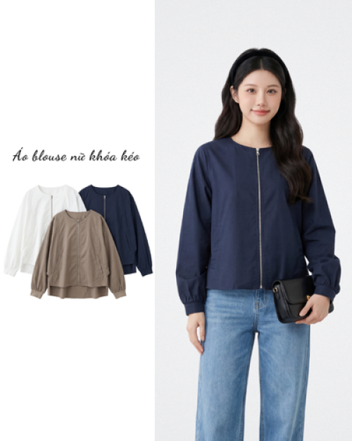 Áo Blouse Nữ Khóa Kéo Form Suông Phong Cách Nhật Bản ARI.TO.ZOU Mềm Mịn Cao Cấp
