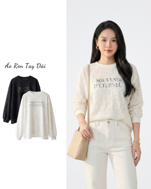 Áo Ren Nữ Dài Tay Cổ Tròn Nữ Tính Thanh Lịch Dễ Phối Đồ Free Size ARI.TO.ZOU