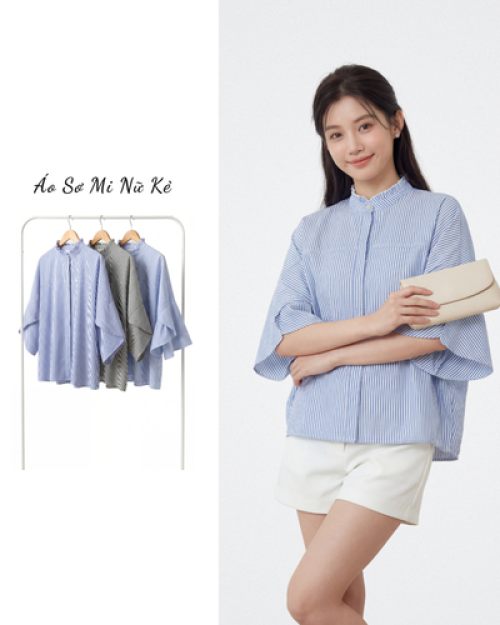 Áo Sơ Mi Nữ Kẻ Cổ Bèo Tay Loe Thanh Lịch Phong Cách Hàn / Nhật Free Size ARI.TO.ZOU